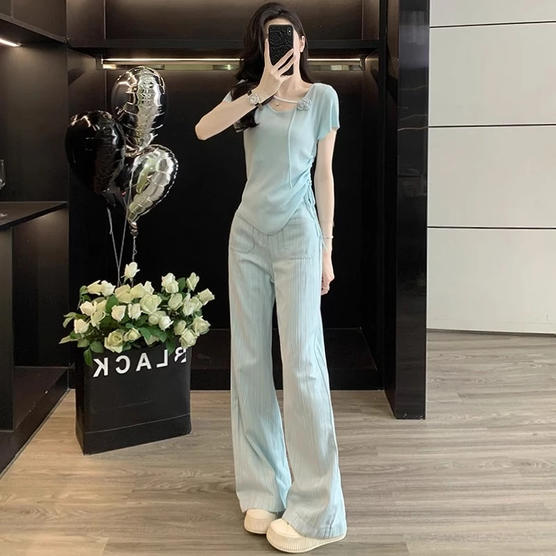 2025超火夏装一整套漂亮别致小众上衣高腰牛仔阔腿裤财阀千金女装