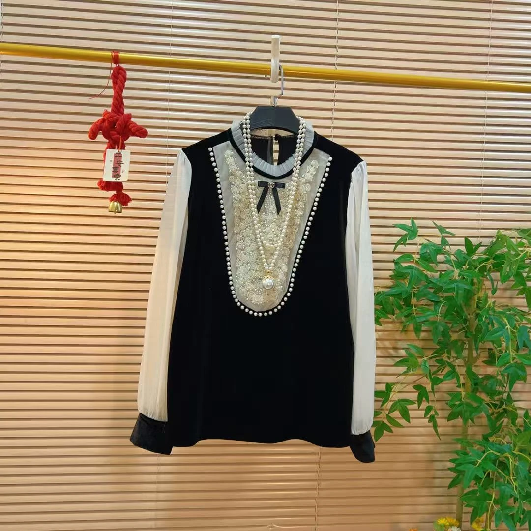 温柔气质重工别致时髦上衣胖YY2025秋季新款港风复古减龄百搭小衫