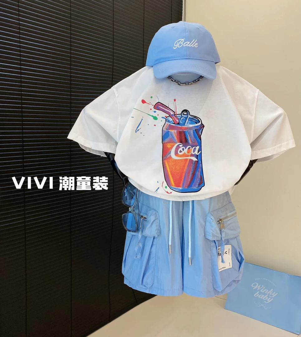 VIVI童装 2025夏季潮牌中大童白色数码印花涂鸦短袖T恤