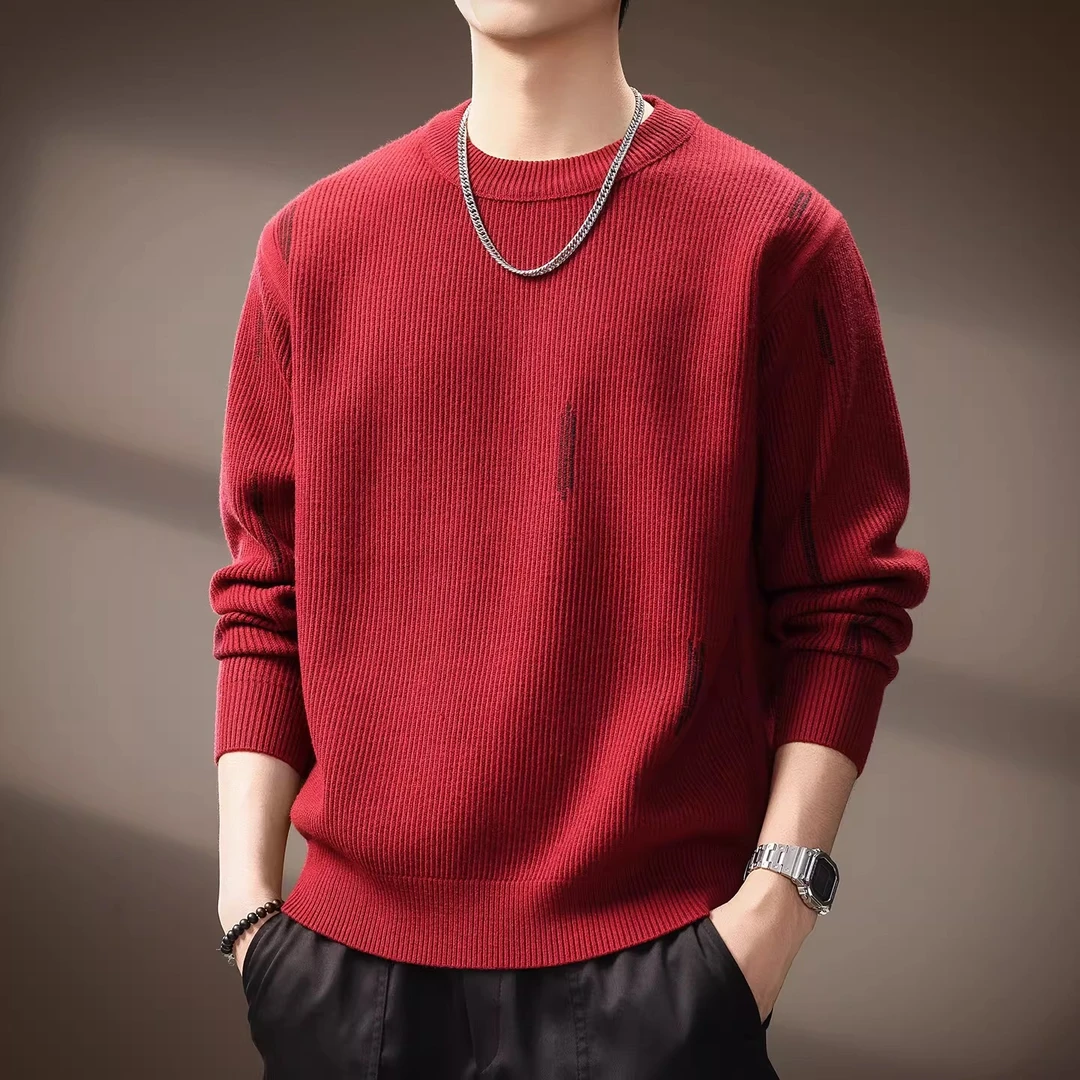 高端轻奢重磅柔软圆领针织毛衣男秋季潮流百搭慵懒风宽松休闲卫衣