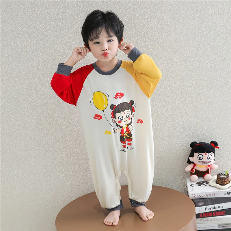 儿童连体睡衣哪吒夏季薄款莫代尔宝宝防着凉长袖男童防踢空调睡袋