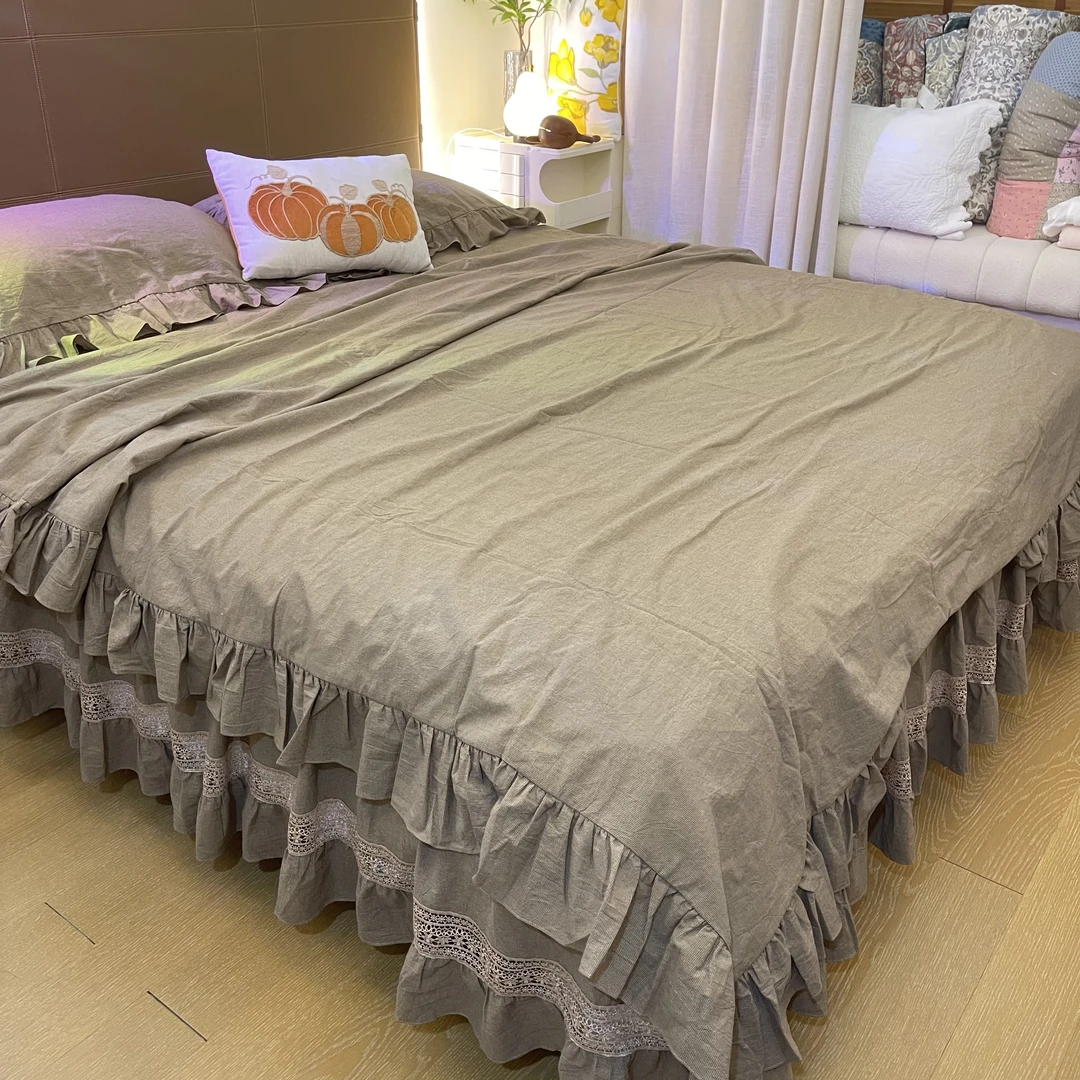 畅姐推荐【咖色纯棉床裙】纯棉三层花边款单件床罩床裙韩版公主风