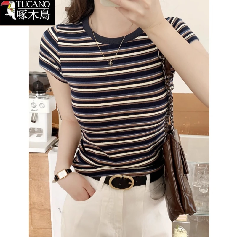 啄木鸟新款短款条纹撞色T恤2025年夏季修身显瘦设计感短袖上衣女