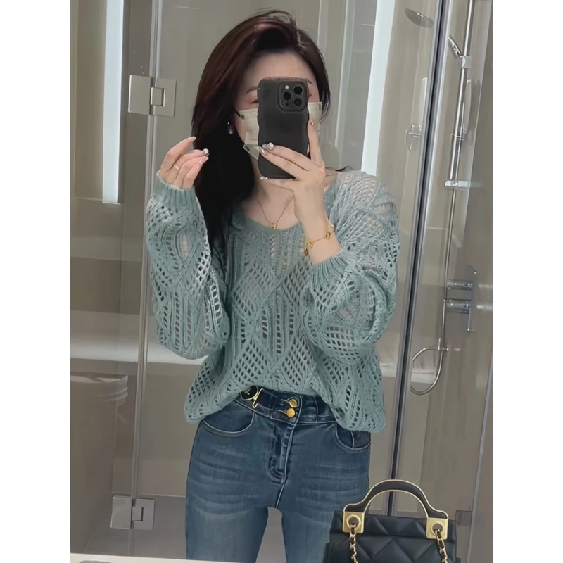 早春新款复古镂空圆领V领针织衫女百搭洋气减龄宽松薄款秋季打底
