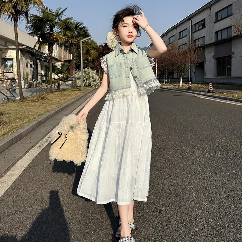 女童连衣裙夏季2025新款洋气爆款马甲吊带背心裙子中大童两件套潮