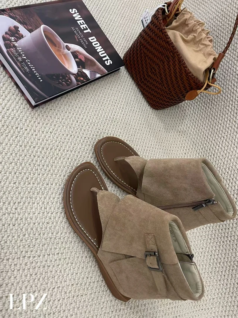 【LPZ】:1355-1复古辣妹森系度假风厚底夹趾凉靴女夏季外穿短靴