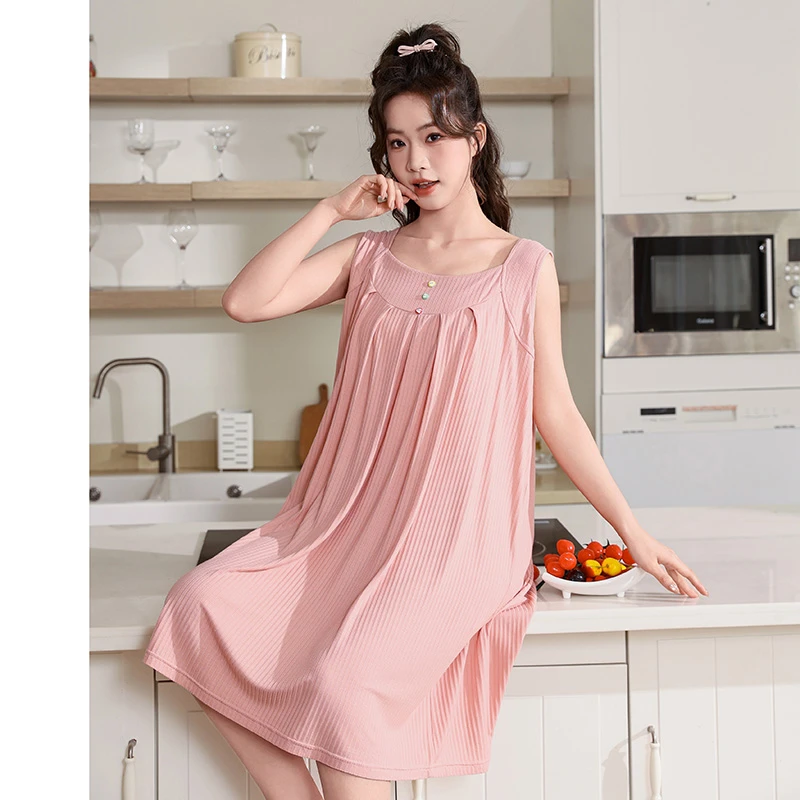 夏季大码吊带睡裙女纯色宽肩家居休闲裙薄款中长款韩版宽松连体裙