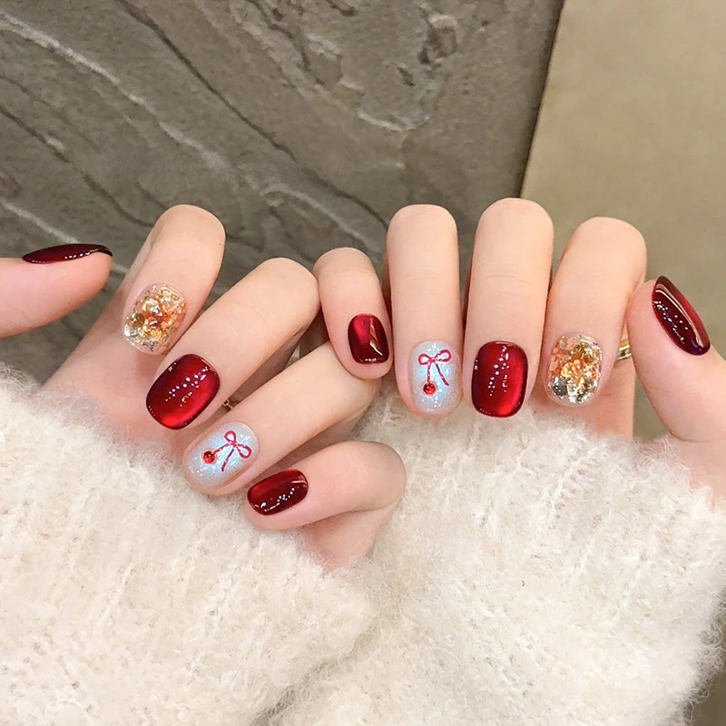 【091-酒红烟花】红色秋冬高级感繁星烟花穿戴甲显白短款美甲贴片