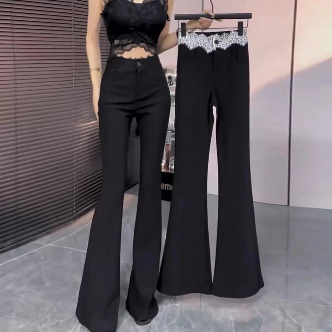 网红爆款蕾丝拼接西装喇叭裤女2025新款纯欲风ins遮肉马蹄裤3008#