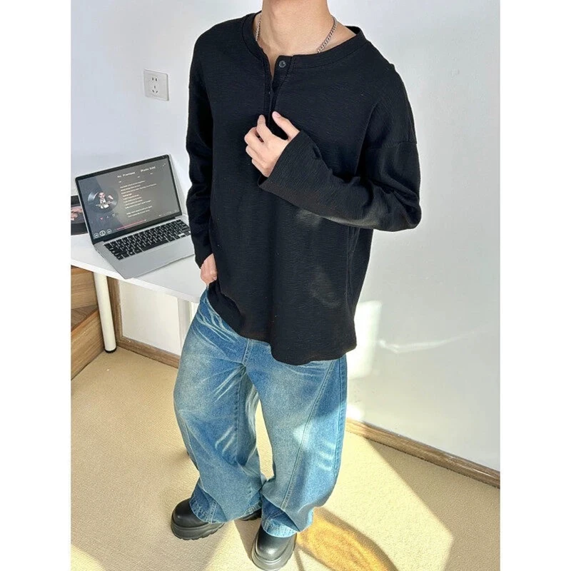 竹节棉亨利领长袖t恤男春秋cleanfit慵懒风内搭可外穿打底衫CQ12