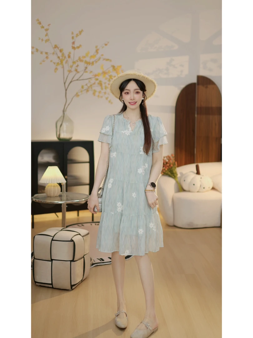 【流光TX】梦幻曼波色调刺绣小花显瘦中长裙甜美减龄仙气连衣裙X146