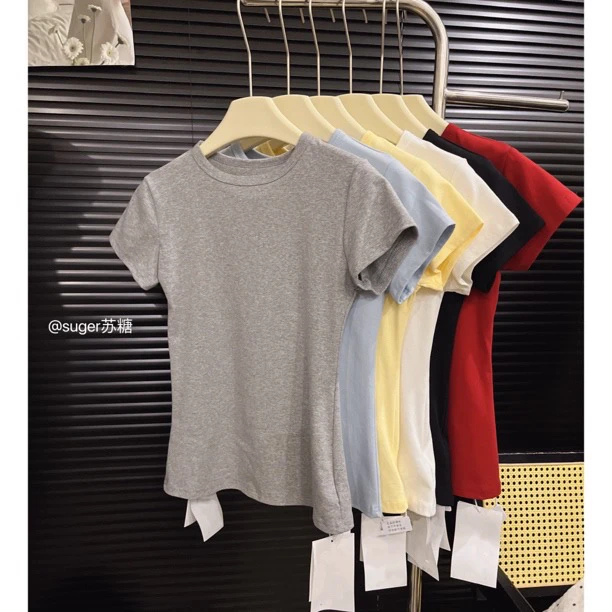【美式小腰tee】夏季简约百搭显瘦纯色圆领T恤短袖修身正肩上衣