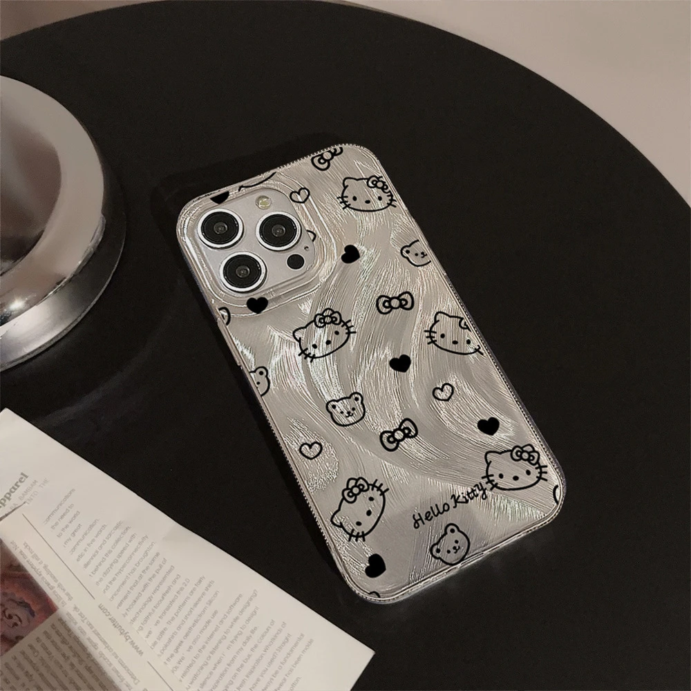 黑色线条熊头kt猫适用iPhone15手机壳苹果13promax羽纱14pro可爱