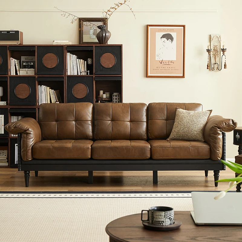 法式复古真皮沙发头层牛皮客厅家用实木沙发多人位直排