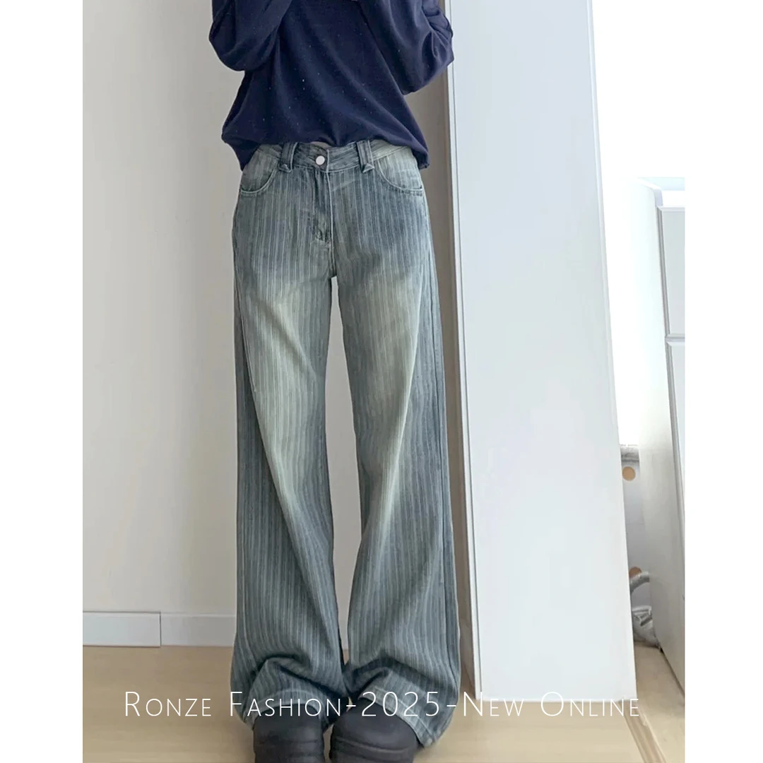 初秋美式复古水洗提花阔腿牛仔裤宽松拖地裤ins风老钱风