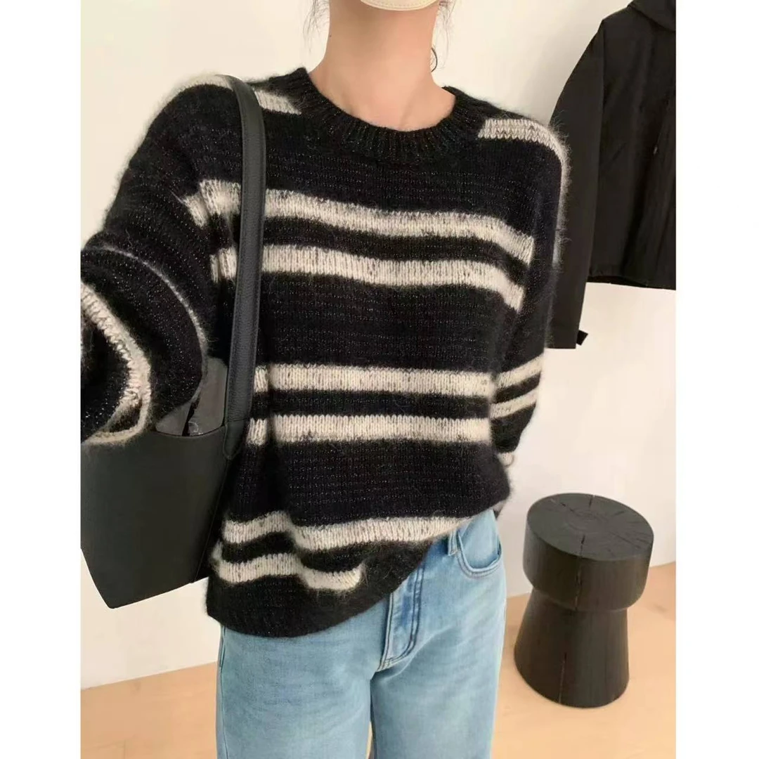 【亮丝条纹】高奢气质~条纹亮丝慵懒风宽松针织毛衣套头秋冬1105