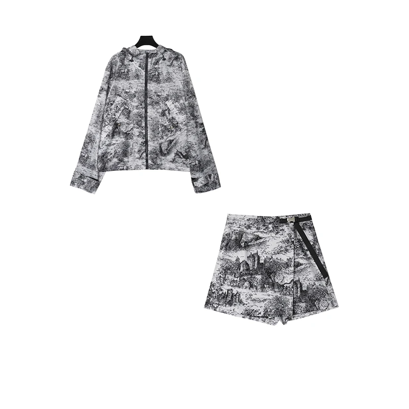 碎花气质时尚科技塔夫绸提花连帽防水套装裤21022