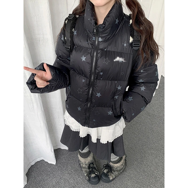 美式复古满印星星立领棉服外套女冬季新款防寒保暖宽松面包服棉衣