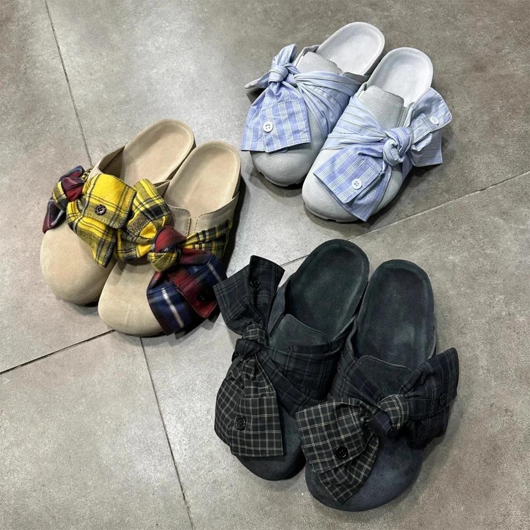 可爱牛仔格子勃肯拖鞋女2025夏季新款厚底复古单鞋外穿包头拖鞋女