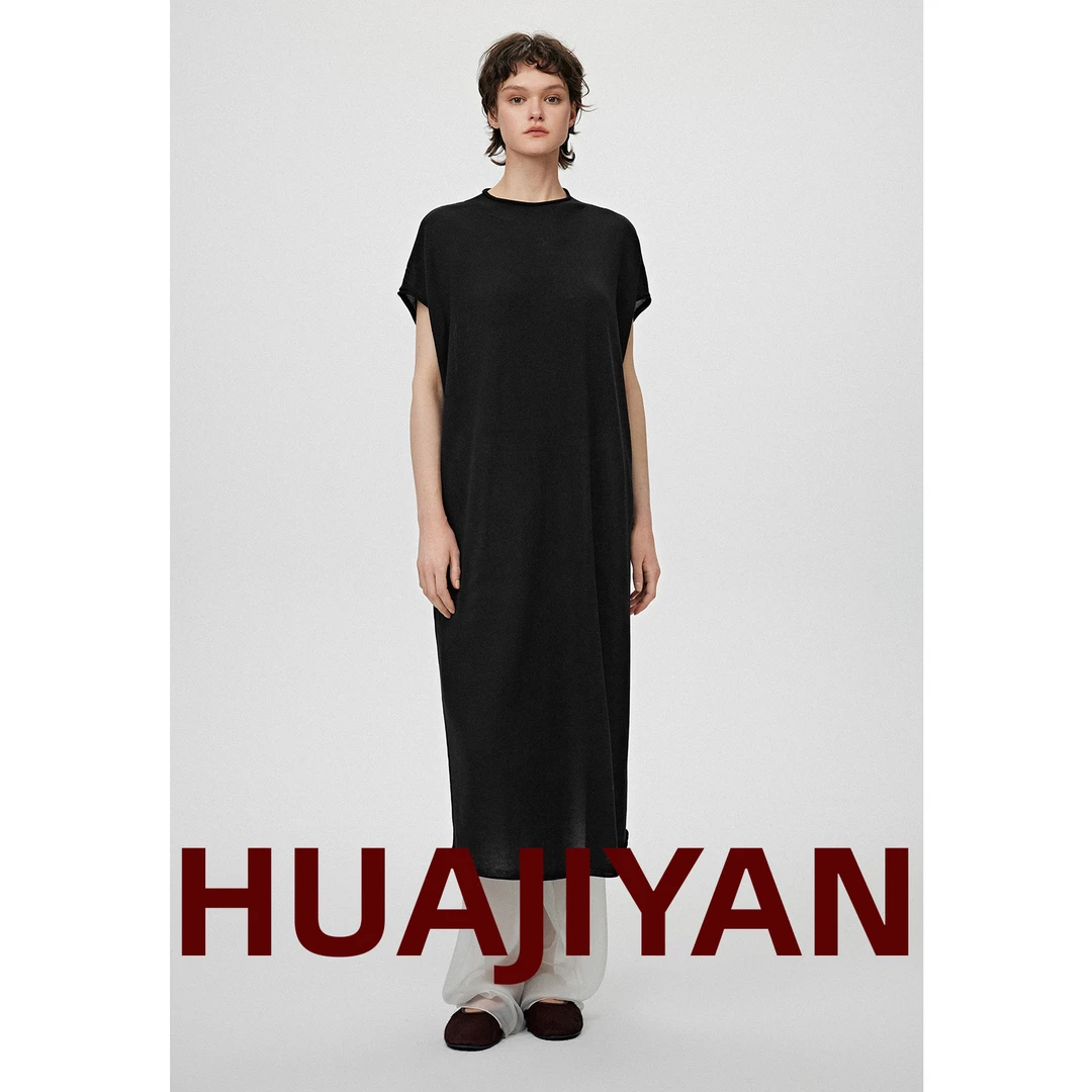 华吉言/HUAJIYAN【影后】兰精天.丝经典圆领无领长款宽松连衣裙