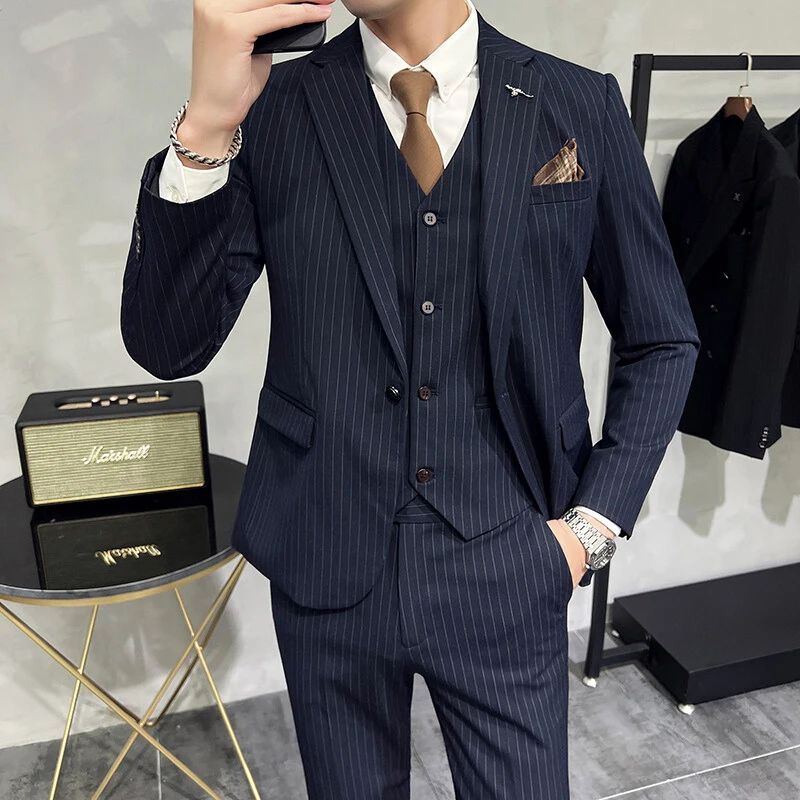 【启帆工作室】西服男士套装条纹三件套新郎婚礼西装商务高级感外套