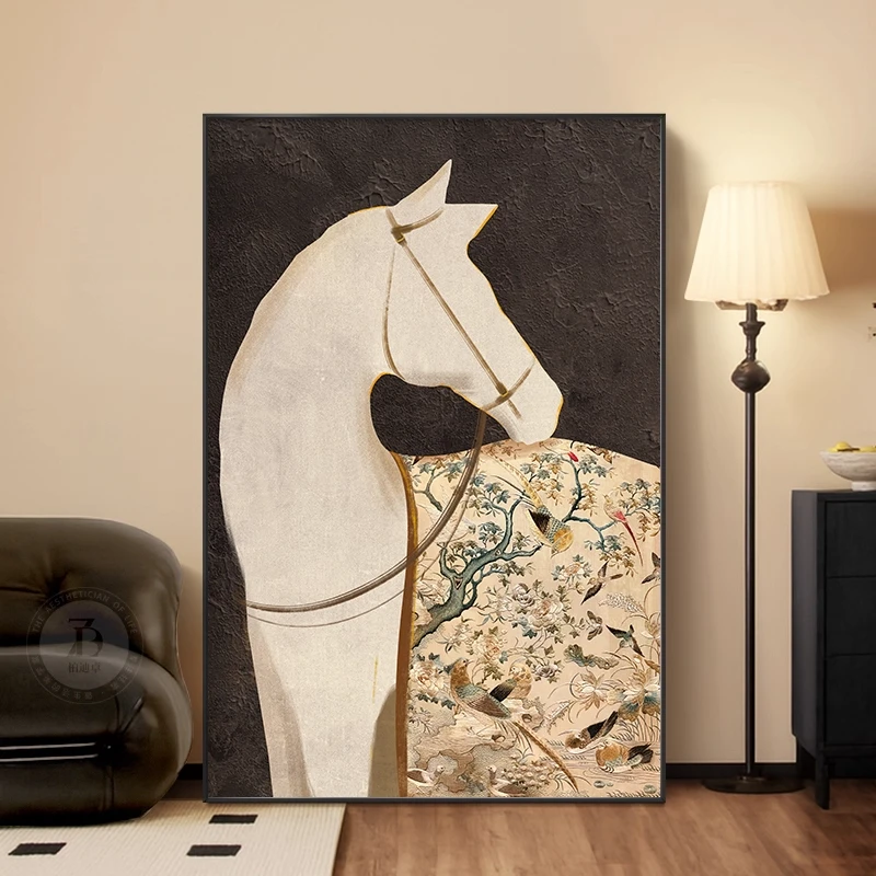 中古风客厅落地装饰画马到成功沙发背景墙挂画高级感复古玄关壁画