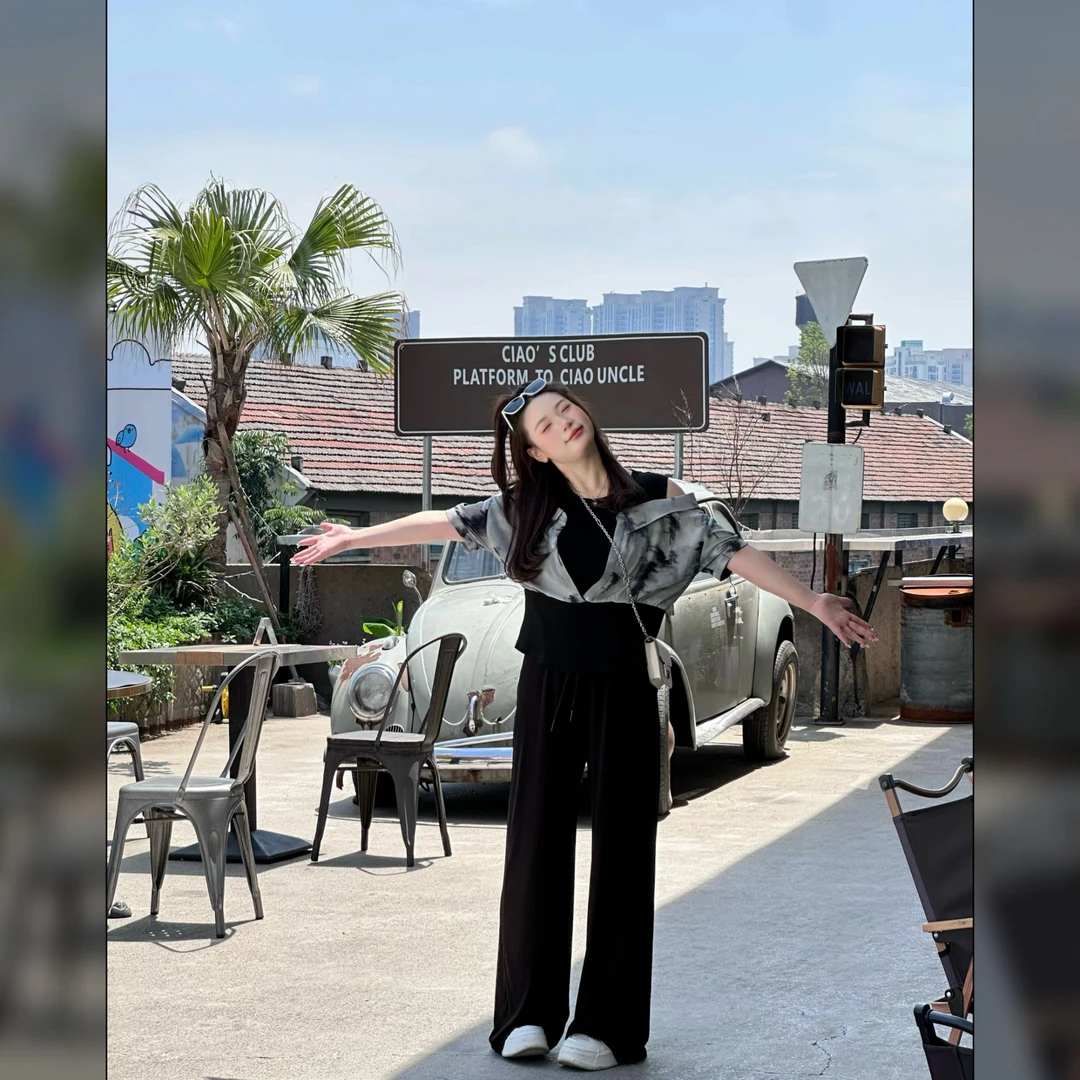 楠序魏魏夏季时尚感拼接花色假两件休闲百搭通勤显瘦上衣NX13227