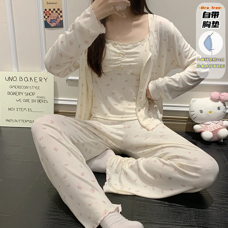 2025新款三件套带胸垫秋冬新款睡衣女针织棉甜美家居服外穿套装