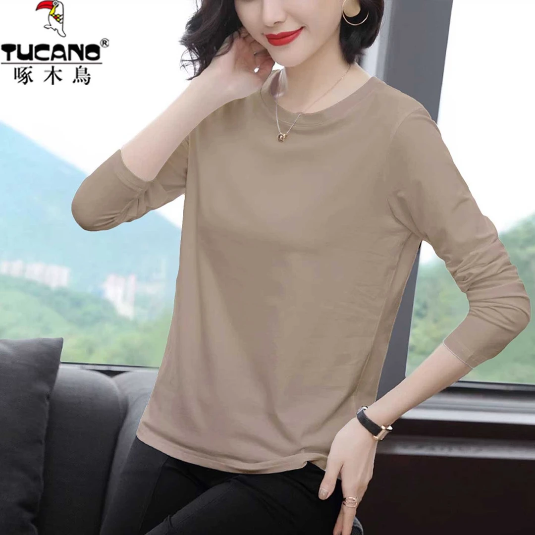 啄木鸟-纯棉秋衣薄款正肩长袖t恤女2025秋季新款上衣小衫宽松大码