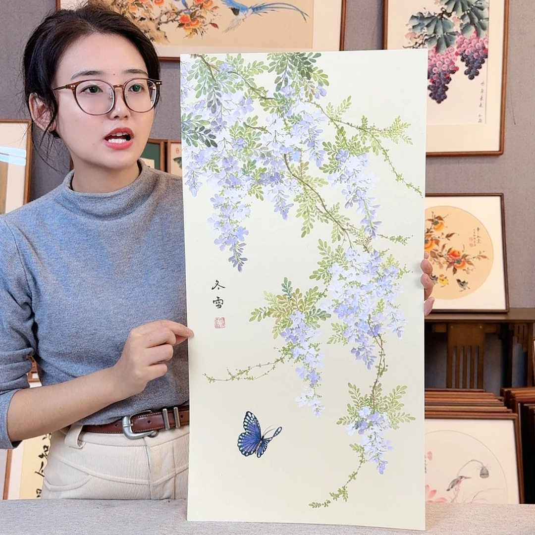 国画纯手绘，纯手写带框尺寸：36×69厘米