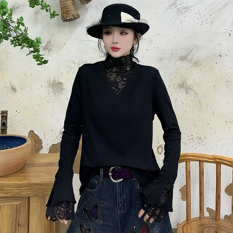 【亿火】冬季新款中长款绒衫常规款蕾丝百搭显瘦时尚上衣G101-9778