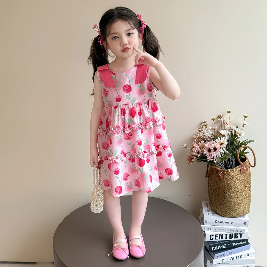 女童连衣裙夏季2025新款洋气儿童公主裙女宝宝蝴蝶结玫瑰花背心裙
