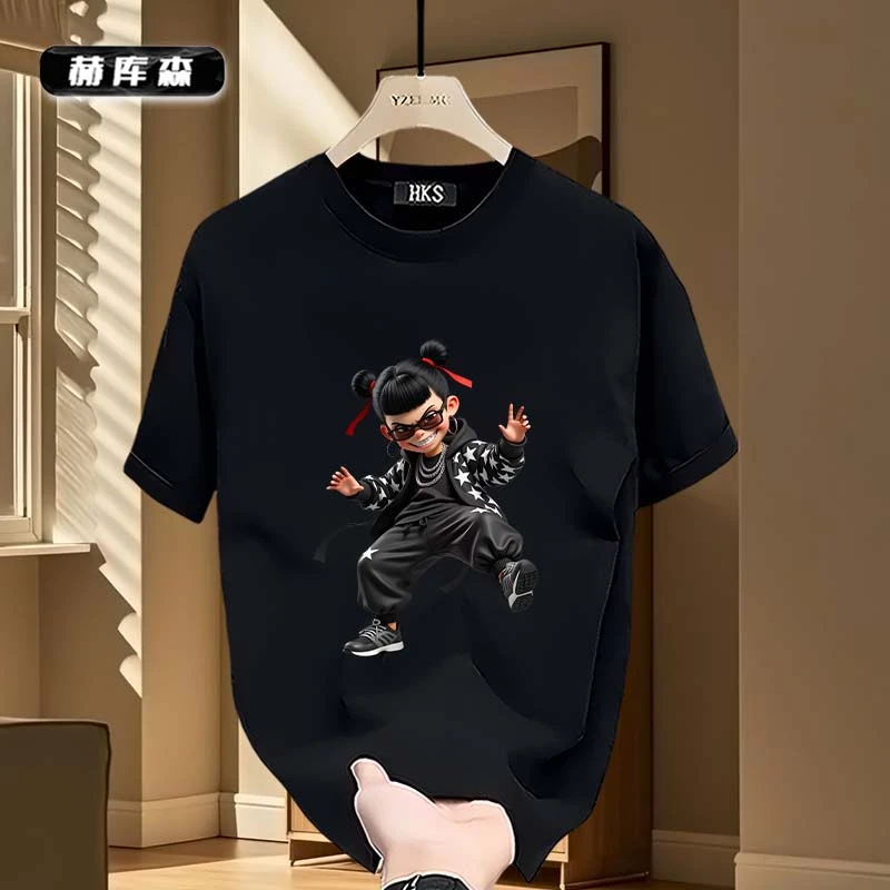 赫库森重磅纯棉男女同款圆领痞帅T恤时尚宽松百搭正肩半袖Ins打底