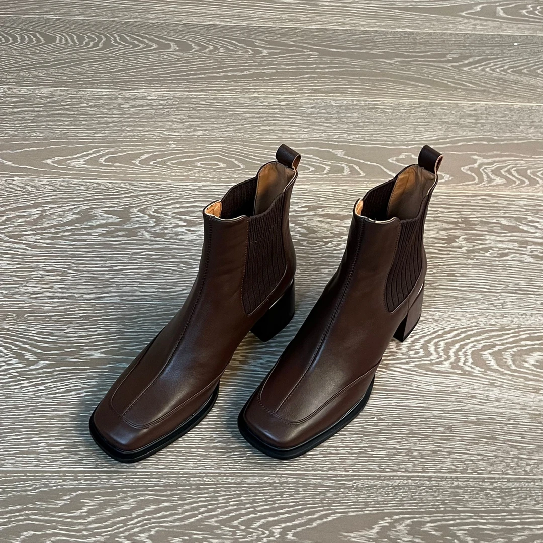 5.5CM头层牛皮秋季时装靴秋冬时装筒靴法式方头瘦瘦靴方头女鞋