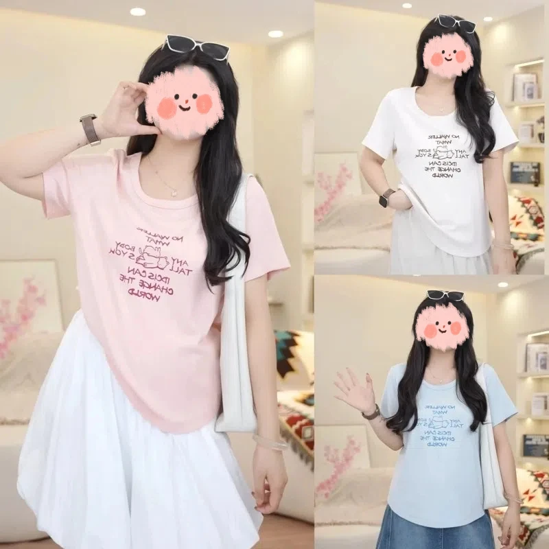 大码女装夏季圆领印花正肩短袖t恤新款胖mm宽松巨显瘦半身裙套装