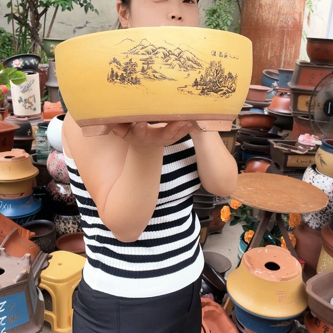黄色江山如画中号花盆紫砂花盆紫砂
