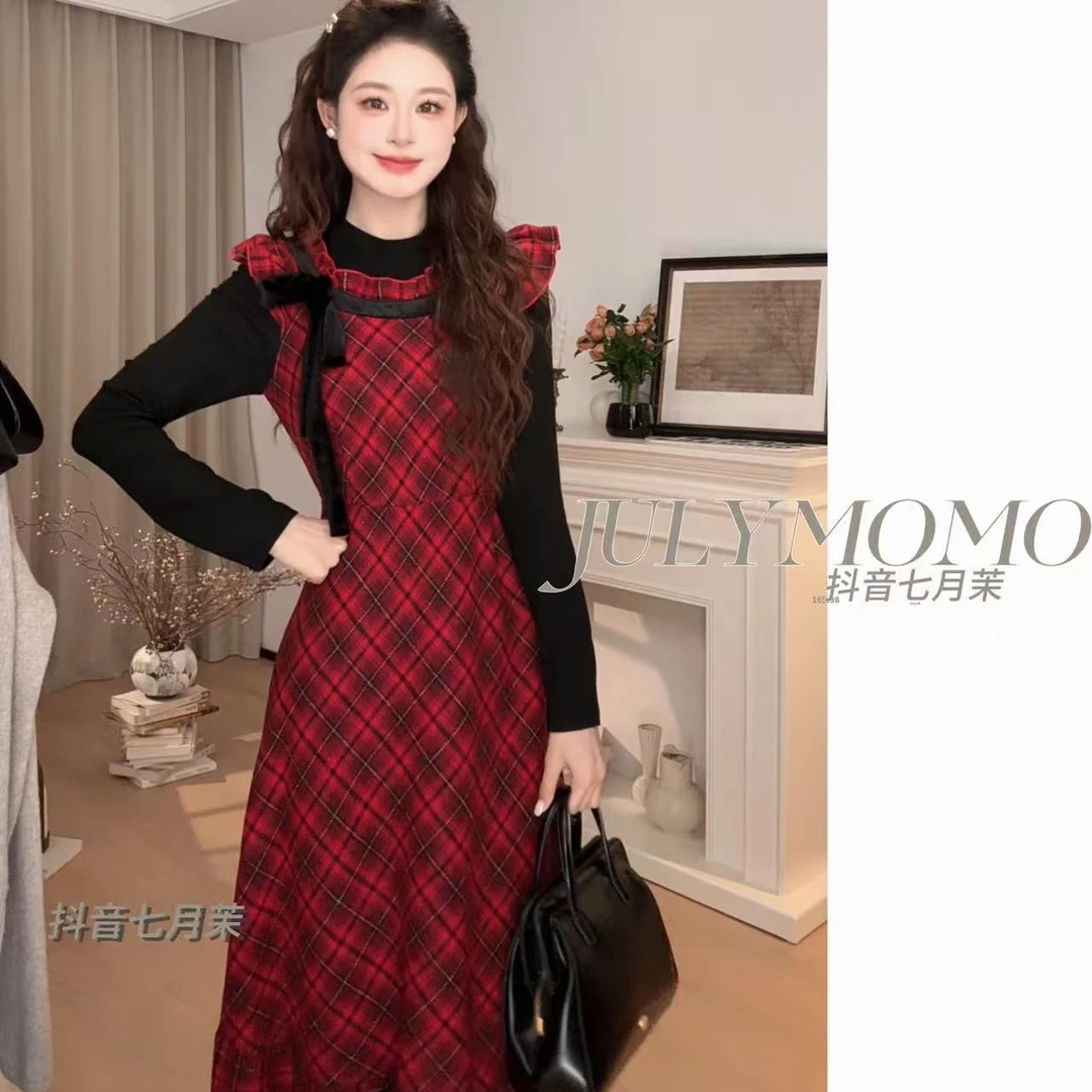 红色格纹假两件连衣裙子女秋冬季2025新款韩系气质收腰长裙8914