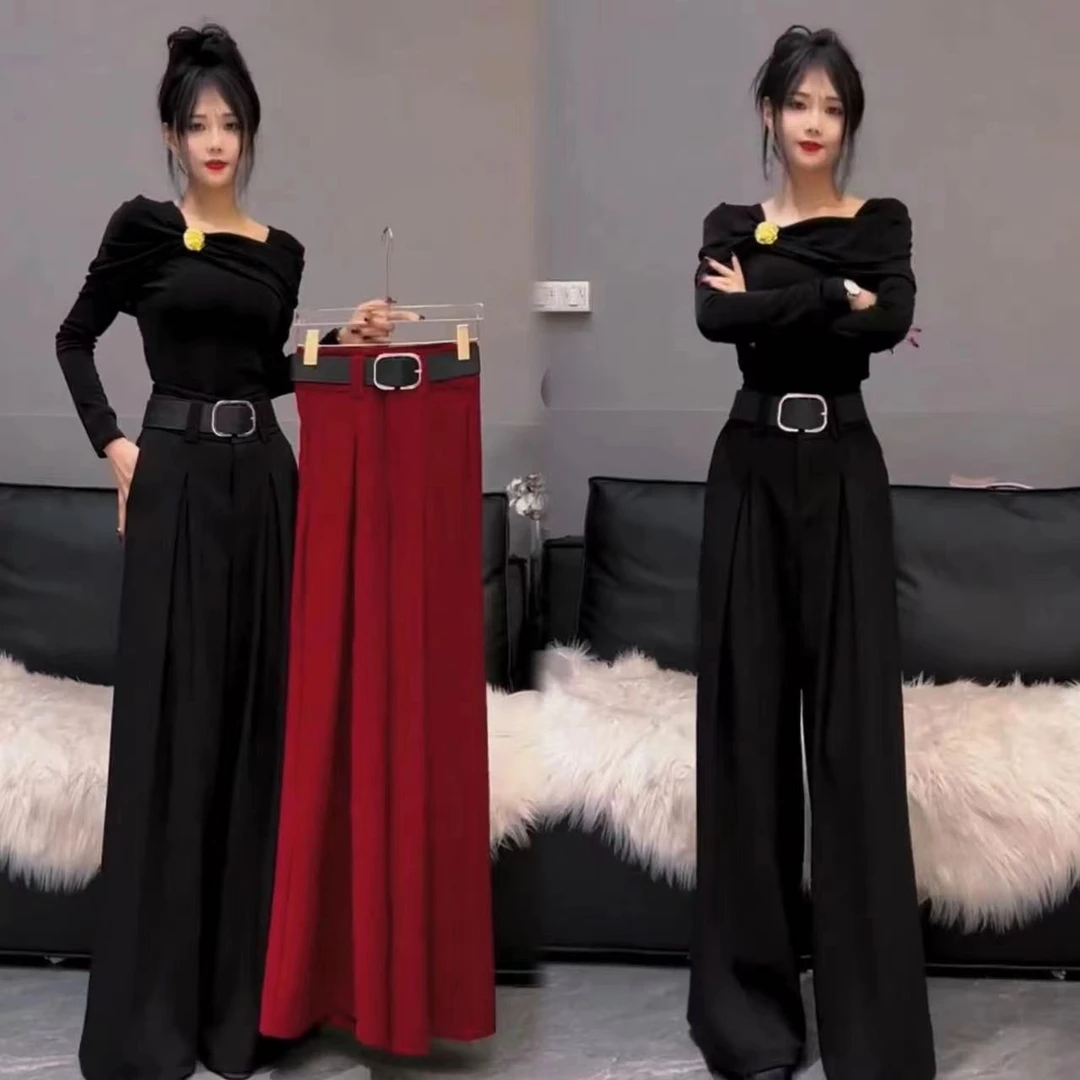 送腰带气质高腰西装阔腿裤新款时尚遮肉显瘦长款拖地直筒裤四季