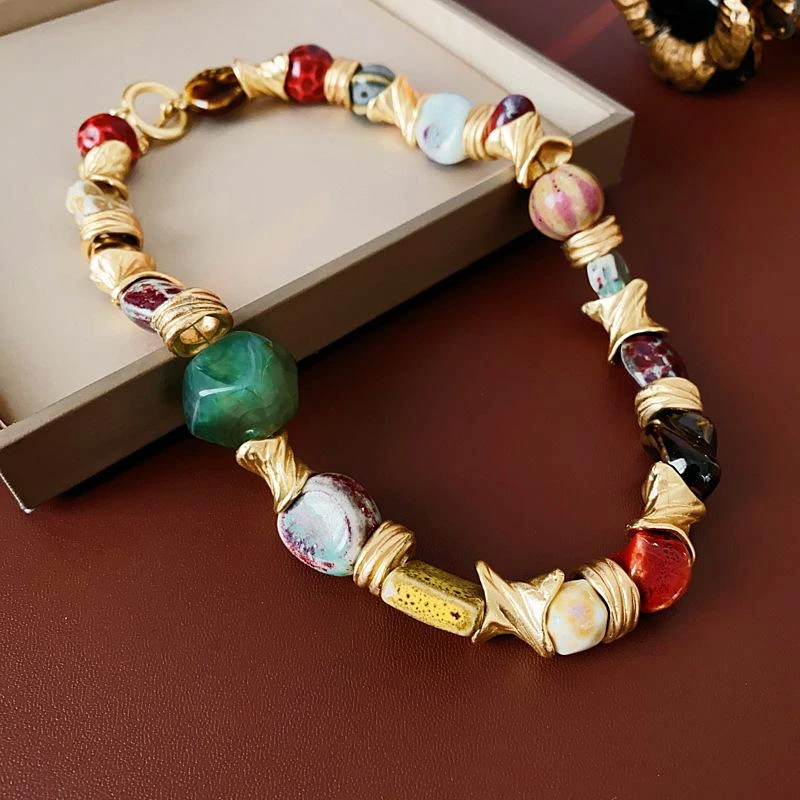 合金陶瓷项链 中古vintage饰品民族风陶瓷拼接项链复古夸张锁骨链