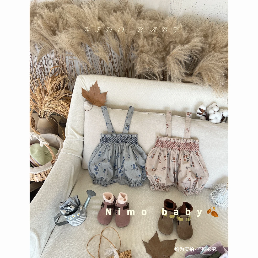 NIMO【藤萝枝】韩版宝宝清新满印碎花洋气棉纱连体外出吊带爬服