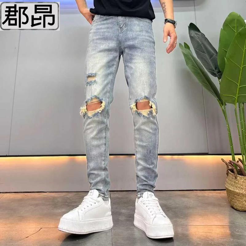 高端水洗复古泥黄色牛仔裤男修身小直筒夏季新款破洞刮烂乞丐裤子