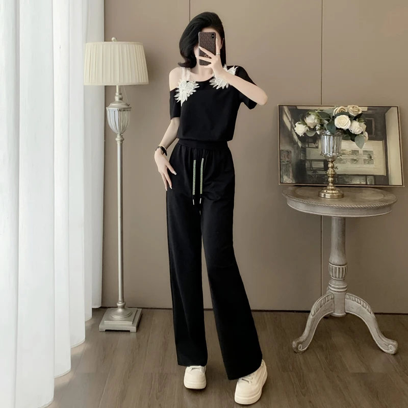 夏季休闲套装女时尚气质宽松显瘦洋气减龄阔腿裤露肩短袖两件套