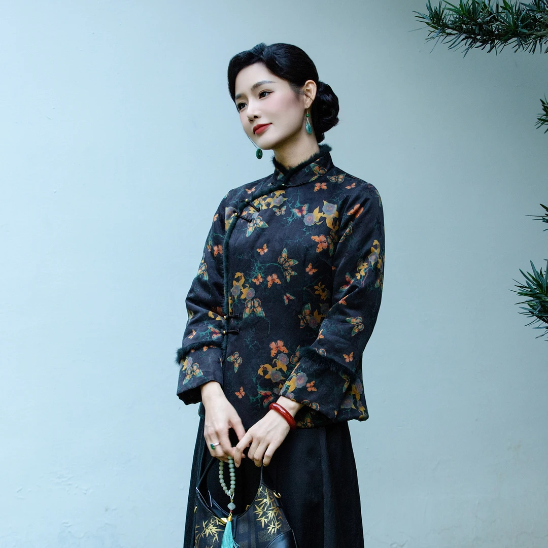 华族经典【251034T】红云纱唐装提花显瘦减龄夹棉加厚水貂毛上衣女