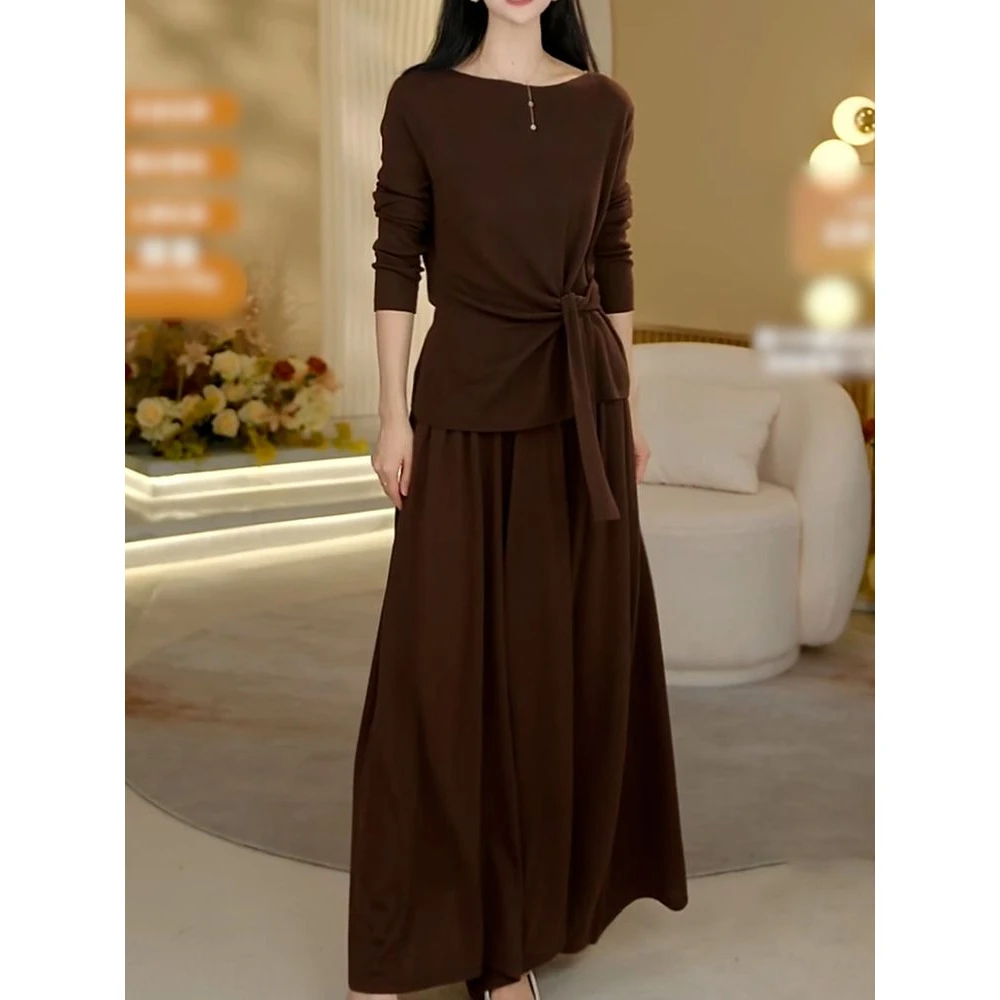 高级感轻奢纯色裤套装2025秋季新款优雅气质绑带针织上衣+阔腿裤