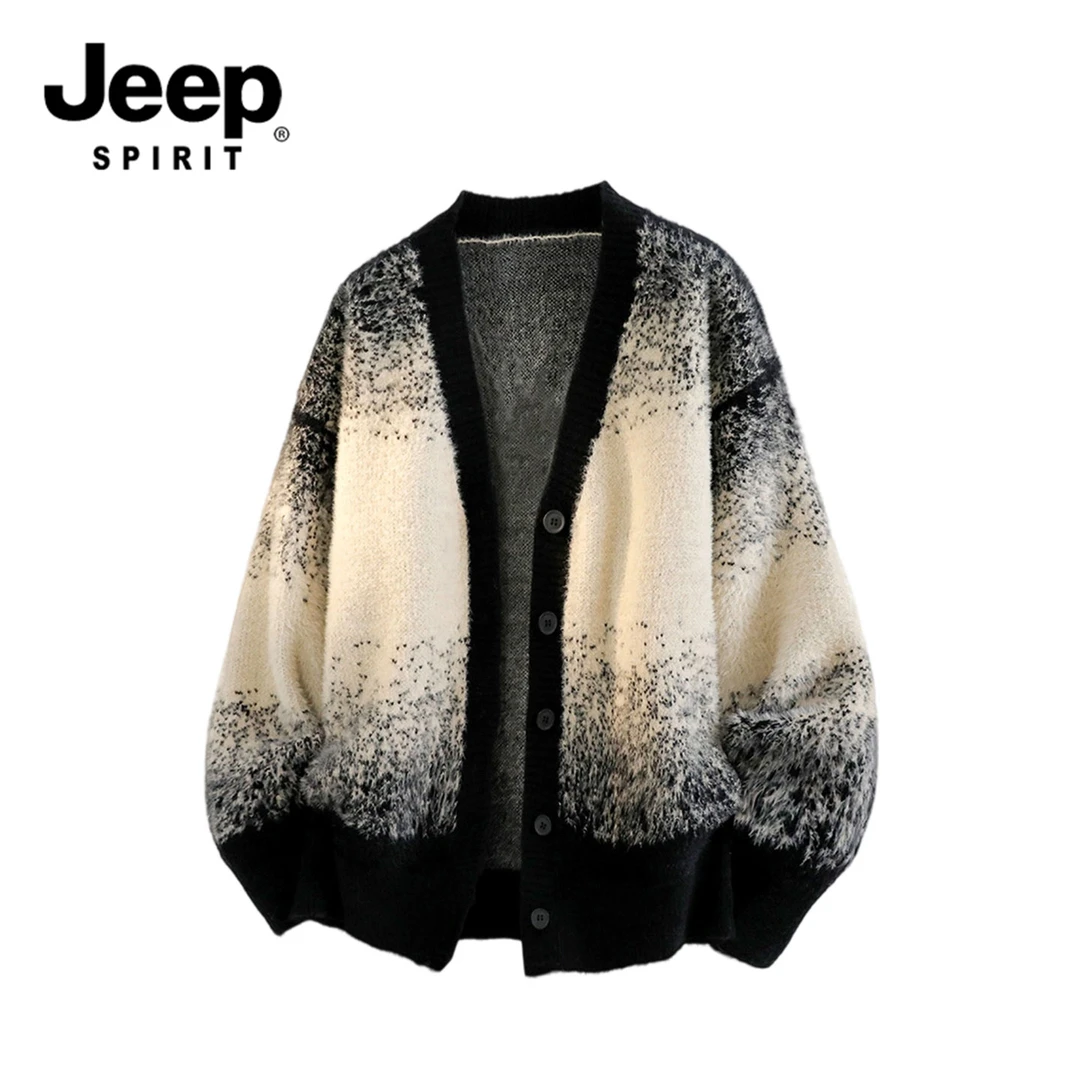 JEEPSPIRIT美式扎染渐变开衫毛衣男士秋冬新款V领懒惰风针织衫男