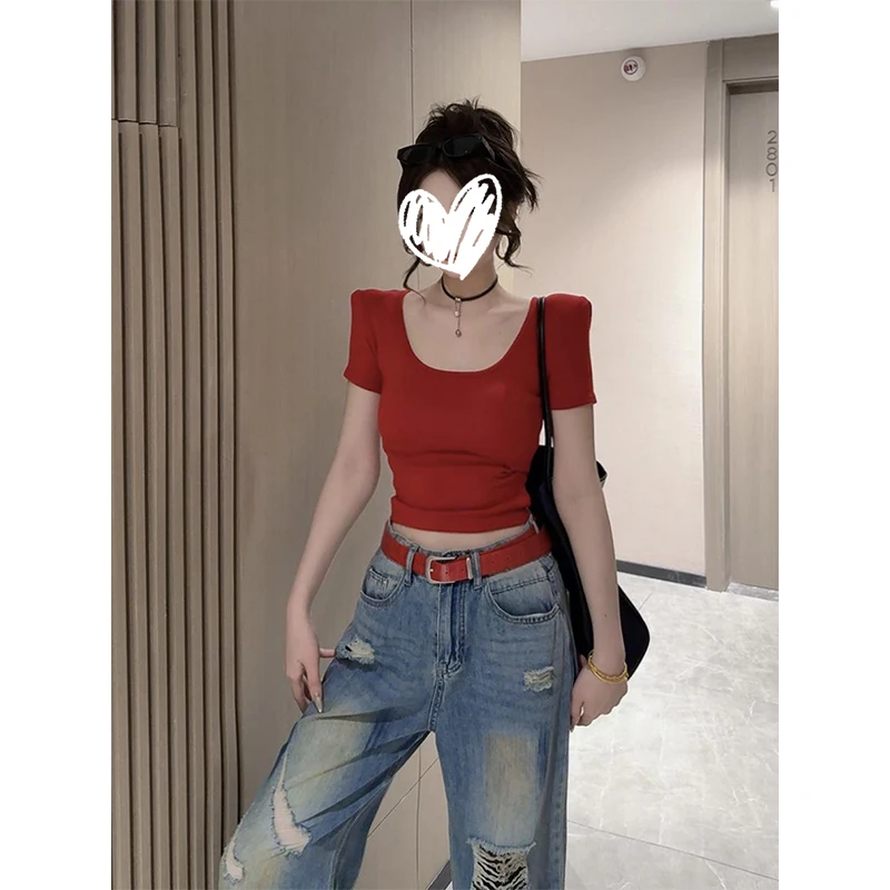 纯欲辣妹风方领短袖T恤女2025新款韩版法式气质修身显瘦短款上衣