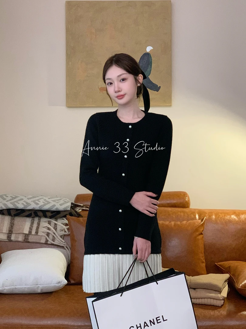 ^3宝^【灵动褶笺 连衣裙】时尚黑色气质长袖连衣裙B235