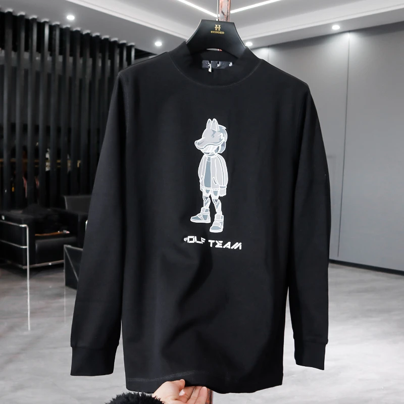 狼-纯原男装尾货 中青年春秋季舒适百搭休闲黑色长袖T恤卫衣1530