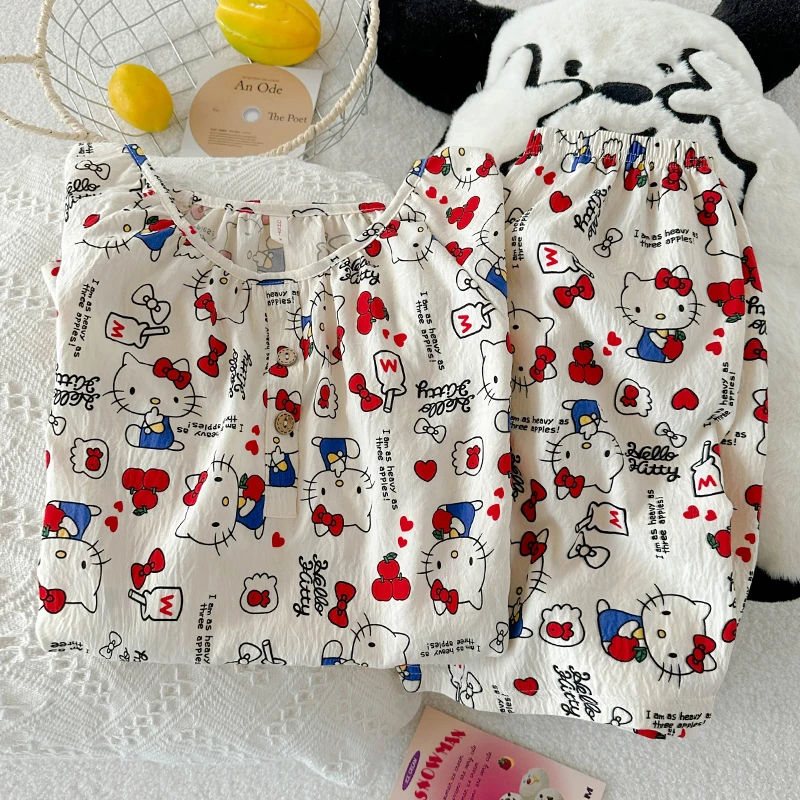 日系ins风可爱kitty云朵棉睡衣女夏季短袖薄款少女圆领套头家居服