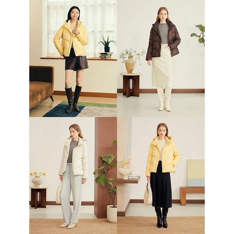 YINER音儿专选2025冬季法式柔光缎面立领连帽羽绒服8C65508016